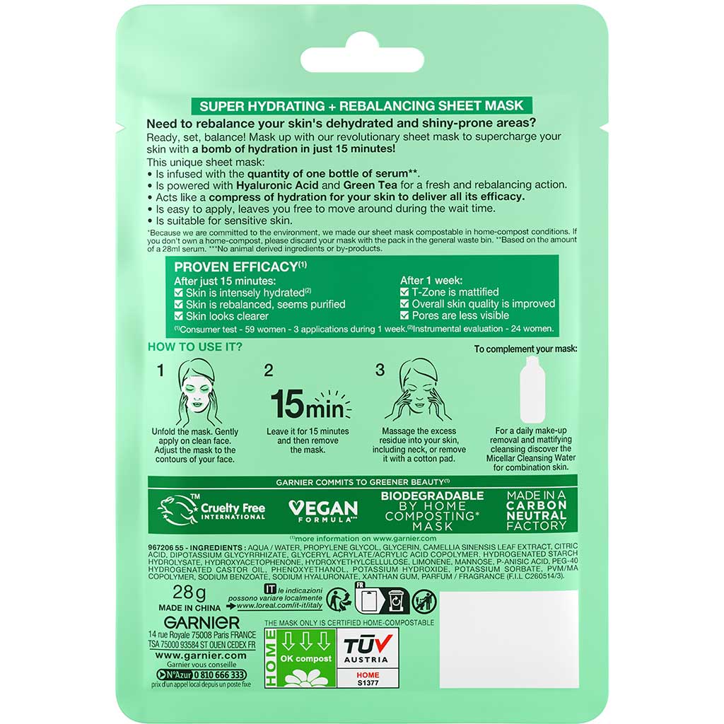 Garnier Skinactive Moisture Bomb Green Tea And Hyaluronic Acid Face Mask 1unit - GARNIER - Duty Free