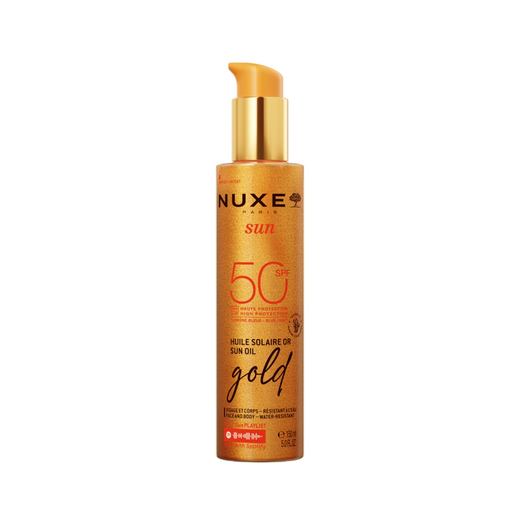 Nuxe Sun Gold Body Oil Spf50 150ml - NUXE - Duty Free - הגני על עורך מפני קרני השמש תוך ייפוי עורך בזוהר זהוב שלא ניתן לעמוד בפניו עם שמן ההגנה הגבוהה המנצנץ .(1)הראשון שמן זה עם SPF50 לפנים ולגוף מספק הגנה רחבת טווח