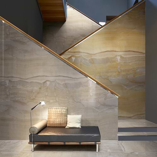 Onice Perla Polished Porcelain Slab Stairwell