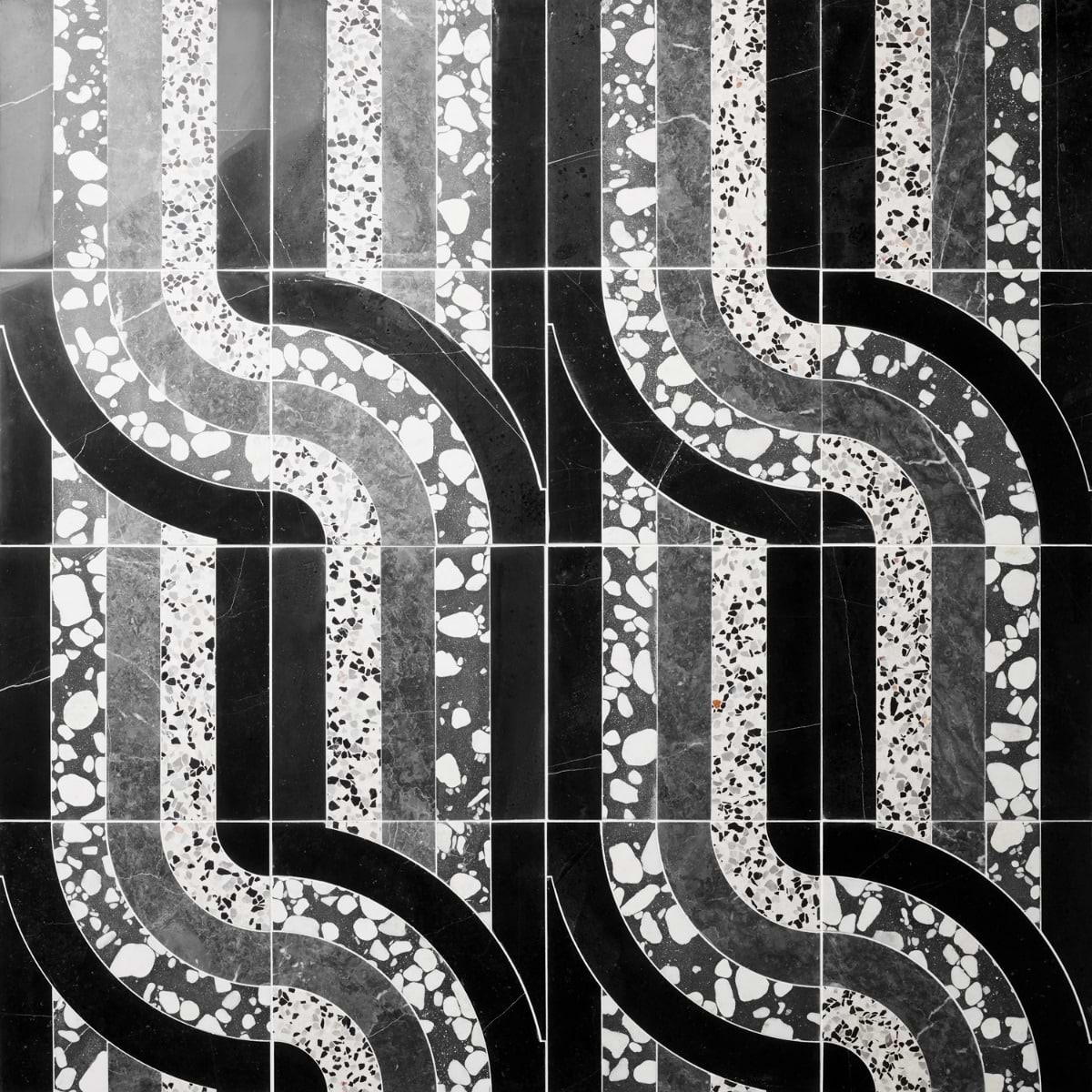 ARC Interlock Noir Black & White 12x12 Honed Marble and Terrazzo Mosaic Tile by Elizabeth Sutton