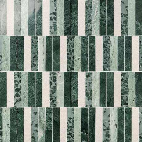 Arc Offset Linear Forest Green 12x12 Honed Marble and Terrazzo Mosaic Tile