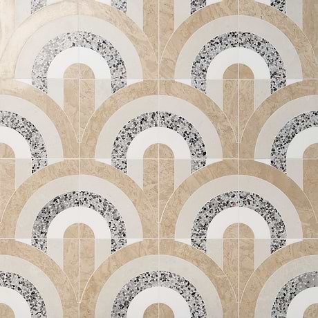 Arc Offset Semi-Circle Desert Beige 12x12 Honed Marble and Terrazzo Mosaic Tile by Elizabeth Sutton