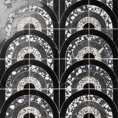 Arc Semi-Circle Noir Black & White 12x12 Honed Marble and Terrazzo Mosaic Tile by Elizabeth Sutton