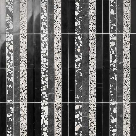 Arc Linear Noir Black & White 12x12 Honed Marble and Terrazzo Mosaic Tile by Elizabeth Sutton