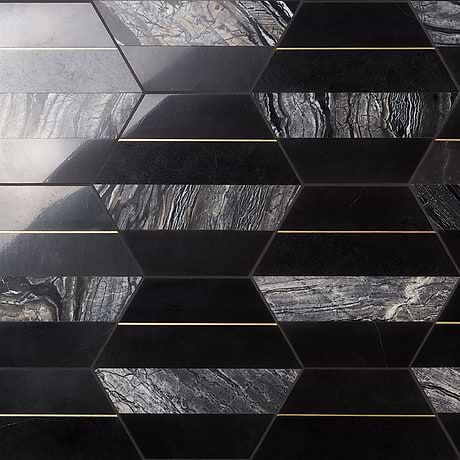 Margo Nero Black and Gold 9"  Hexagon Marble and Brass Mosaic Tile