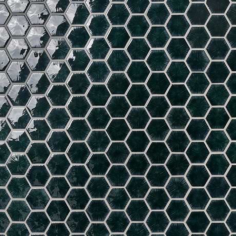 Nabi Hexagon Midnight Blue Green 3" Crackled Glossy Glass Mosaic Tile