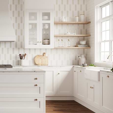 Zeus White Pearl 2x8 Picket Polished Marble, Pearl and Brass Mosaic Tile