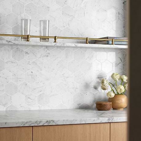 Bianco Carrara 4" Hexagon Polished Marble Mosaic Tile