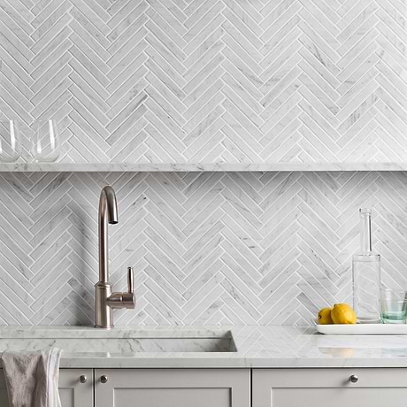 Velour Bianco Carrara 1x6 Herringbone Leather Marble Mosaic Tile