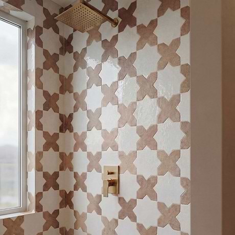 Parma White Polished Star and Cotto Brown Matte Cross 6" Terracotta Look Terracotta Porcelain Tile