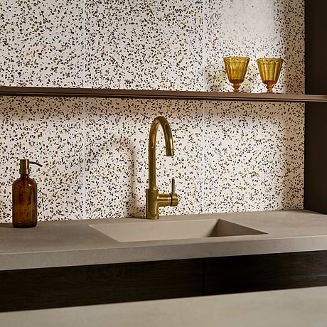 Veritas Terrazzo Creme with Gold 16x16 Polished Terrazzo Tile