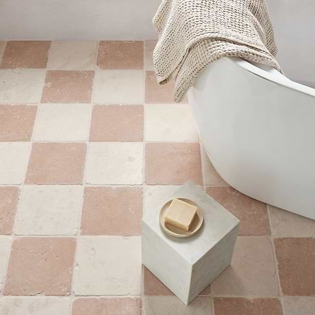 Bianco & Rosa Perlino 8x8 Tumbled Marble Checkerboard Tile