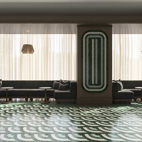 Arc Vertical Fish Scale Forest Green 12x12 Honed Marble and Terrazzo Mosaic Tile