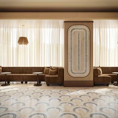 Arc Offset Semi-Circle Desert Beige 12x12 Honed Marble and Terrazzo Mosaic Tile by Elizabeth Sutton