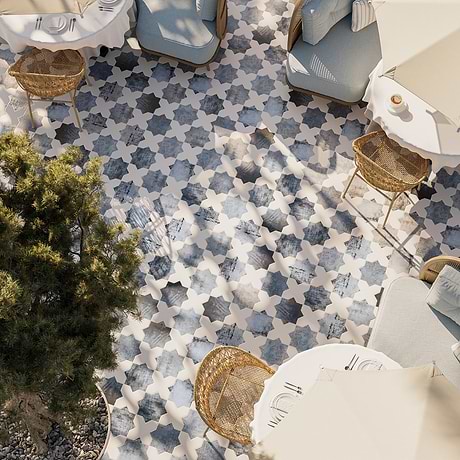 Parma Denim Blue Matte Star and White Polished Cross 6" Terracotta Look Porcelain Tile