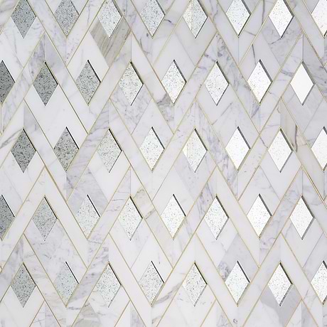 Zeta Mirror Silver Polished Marble, Antique Mirror and Brass Waterjet Mosaic Tile