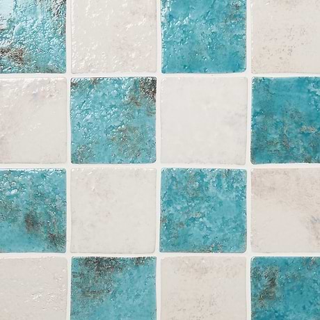 Greta Checkerboard Lagoon Blue and Seashell White 5x5 Glossy Textured Porcelain Tile