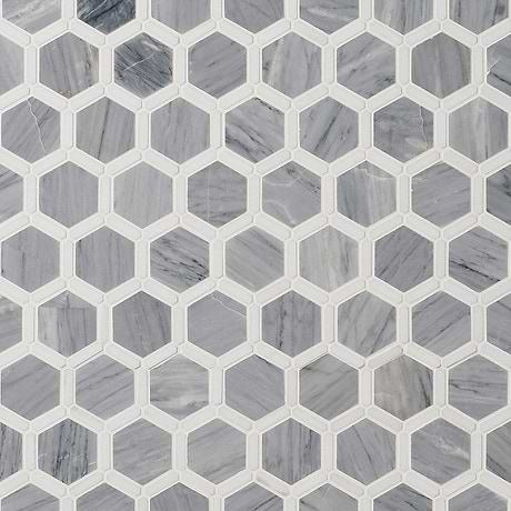Florentine Halley Gray & White Thassos 2" Hexagon Polished Marble Mosaic