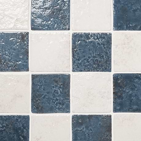Greta Checkerboard Midnight Blue and Seashell White 5x5 Glossy Textured Porcelain Tile
