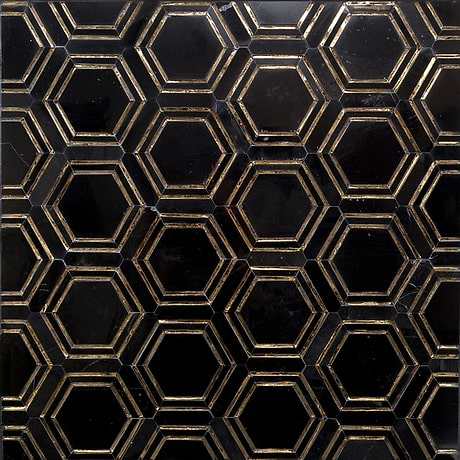 Helix Black & Gold Hexagon Polished Marble & Glass Mosaic