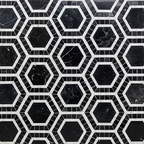 Nova Black & White 6" Hexagon Polished Marble Mosaic