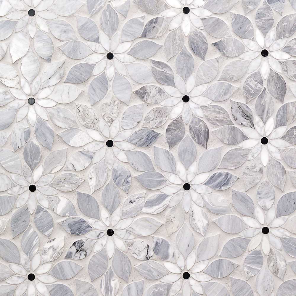 WILDFLOWER Bardiglio and Bianco Carrara Polished Marble Mosaic Tile
