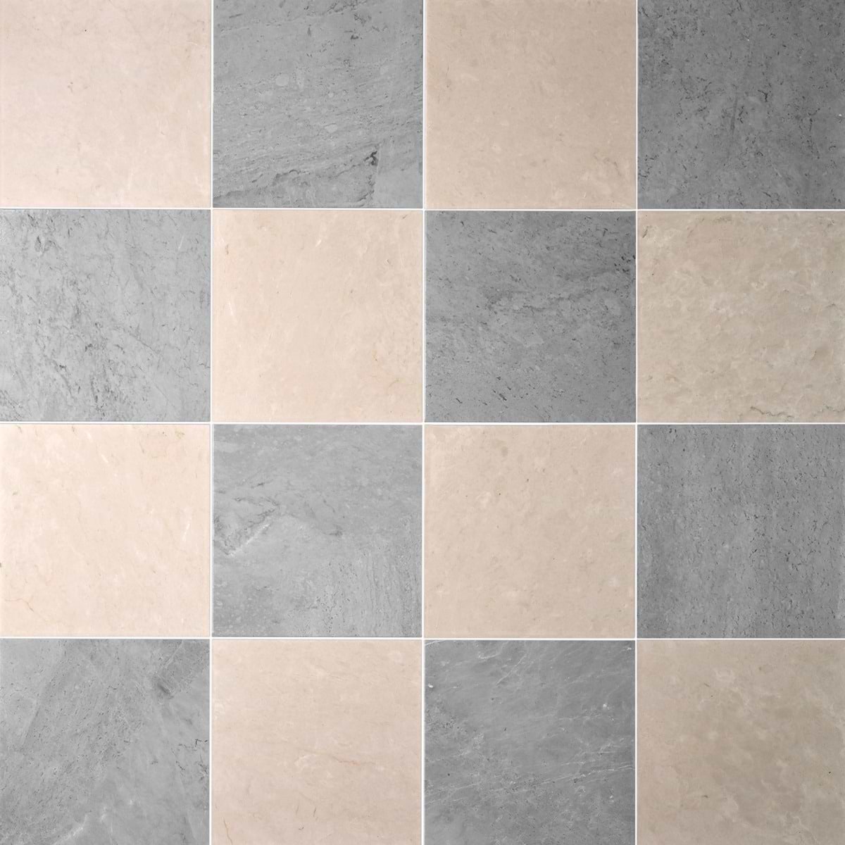 ALTERNO Earth Gray and Crema Ella Beige 12x12 Honed Marble Checkerboard Tile