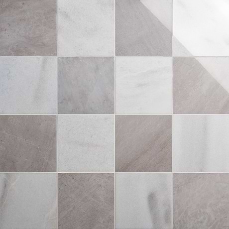 Alterno Biarritz White and Earth Gray 12x12 Polished Marble Checkerboard Tile