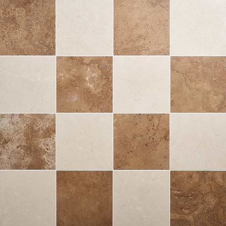 Alterno Noce Dark Brown Cross Cut and Crema Ella Beige 12x12 Honed Travertine and Marble Checkerboard Tile
