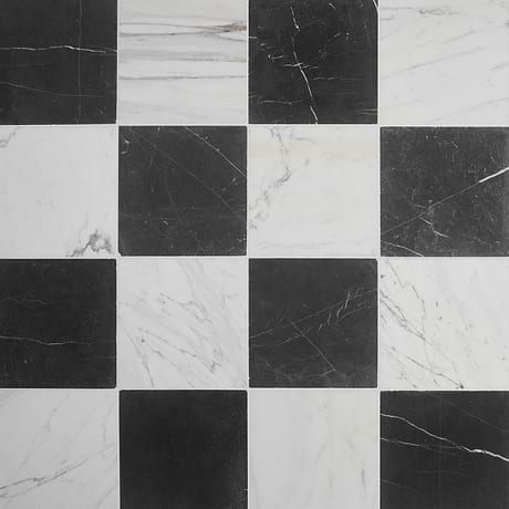 Avanti Nero Marquina Black and Calacatta Gold 12x12 Tumbled Marble Checkerboard Tile