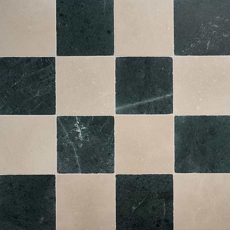 Avanti Verde Green and Crema Marfil Beige 12x12 Tumbled Marble Checkerboard Tile