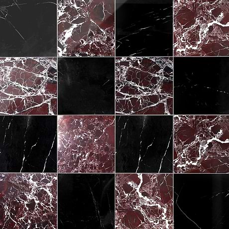 Alterno Black Silk and Rosso Levanto Red 12x12 Polished Marble Checkerboard Tile