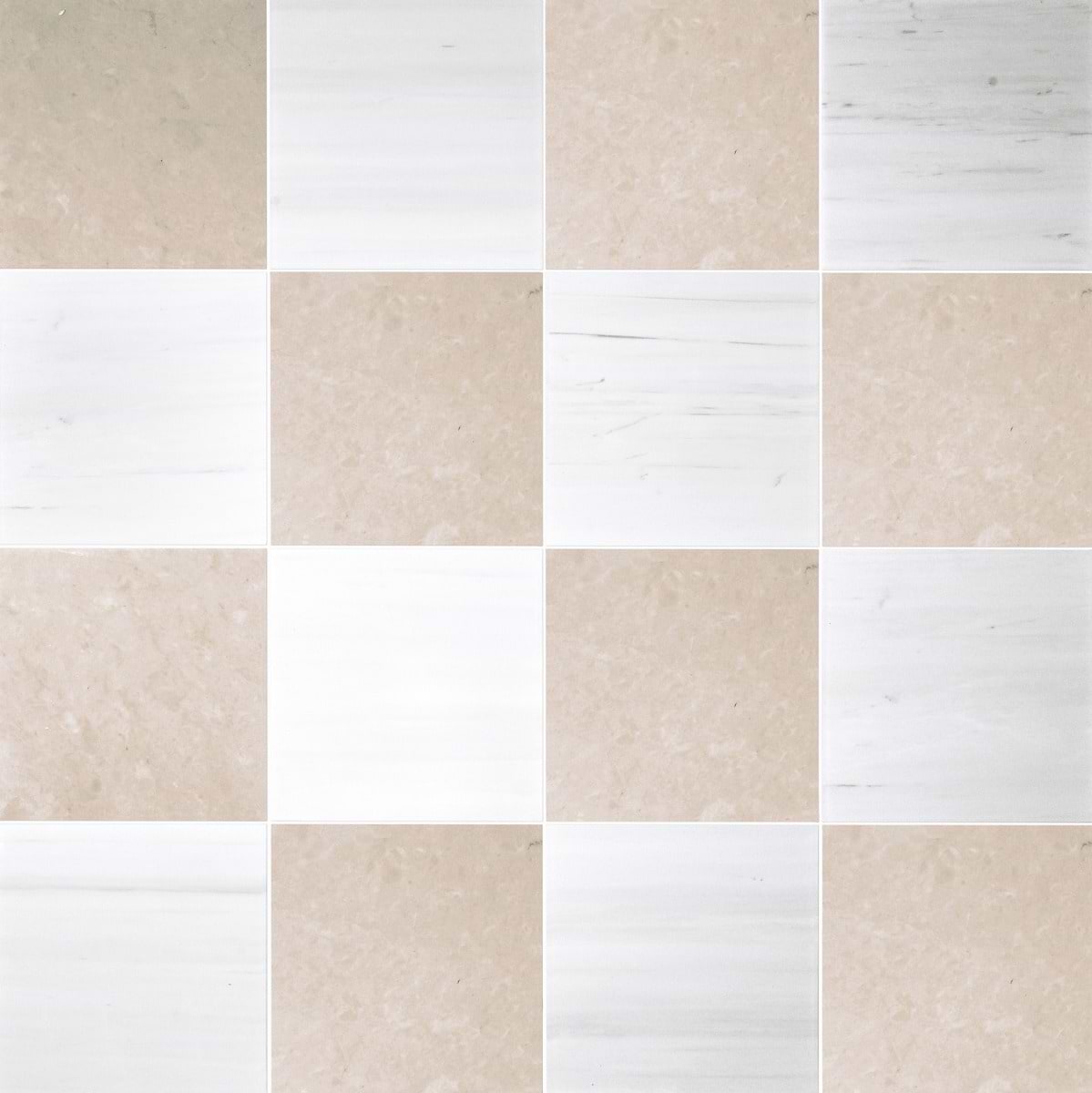 ALTERNO Crema Ella Beige and Glacier White Select 12x12 Honed Marble Checkerboard Tile
