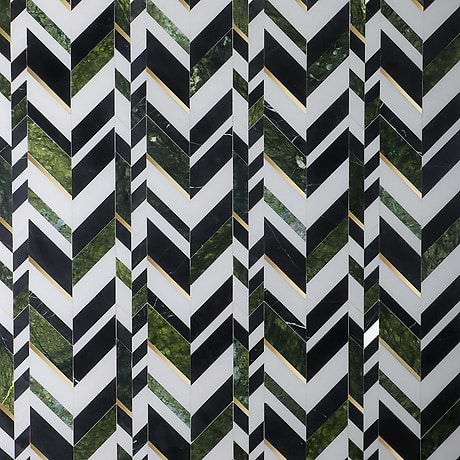 Amari Verde Jade Green Chevron Polished Marble & Brass Mosaic