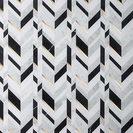 Amari Nero Blanco Black & White Chevron Polished Marble & Brass Mosaic