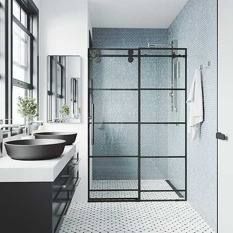 Gemello 72x74 Reversible Sliding Shower Door with Grid Glass in Matte Black