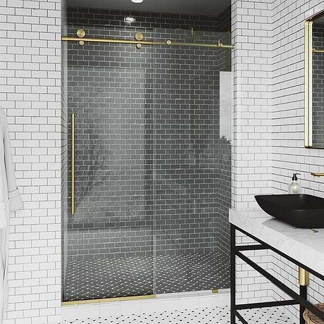 Volare 48x76 Reversible Sliding Shower Door with Clear Glass in Brushed Gold