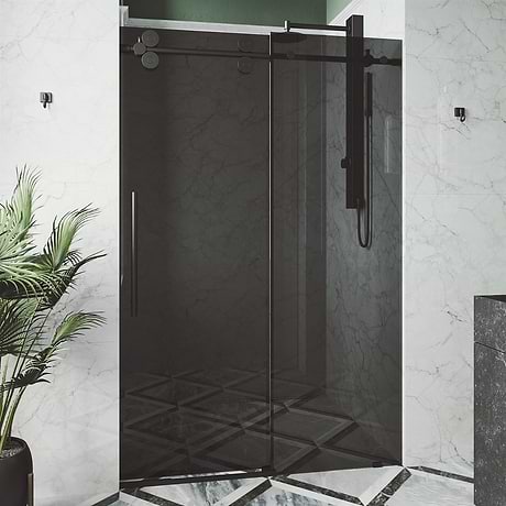 Gemello 72x74 Reversible Sliding Shower Door with Black Glass in Matte Black