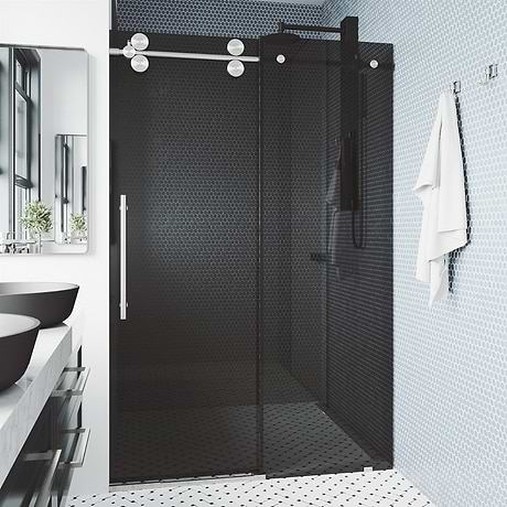 Gemello 72x74 Reversible Sliding Shower Door with Black Glass in Stainless Steel