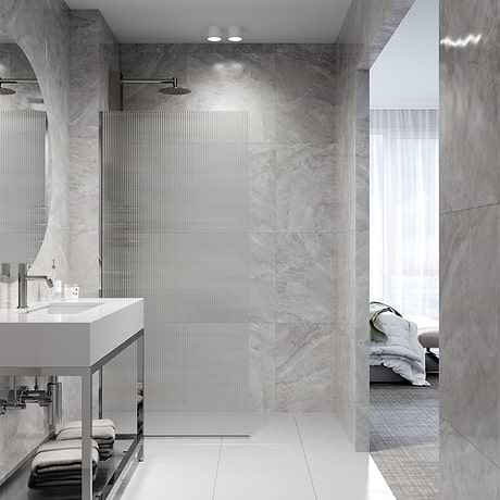 Nuvo 34x74 Reversible Fixed Shower Door with Fluted Glass in Chrome