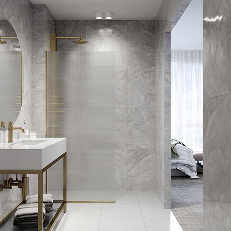 Nuvo 34x74 Reversible Fixed Shower Door with Fluted Glass in Brushed Gold