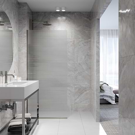 Nuvo 34x74 Reversible Fixed Shower Door with Fluted Glass in Stainless Steel
