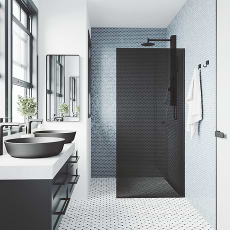 Nuvo 34x74 Reversible Fixed Shower Door with Black Glass in Matte Black