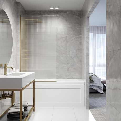 Nuvo 34x62 Reversible Fixed Bathtub Door with Fluted Glass in Brushed Gold