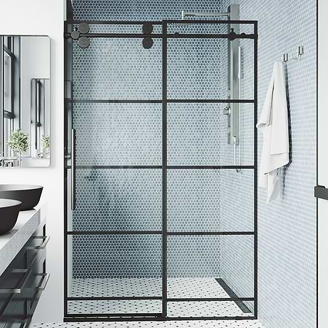 Gemello 60x74 Reversible Sliding Shower Door with Grid Glass in Matte Black
