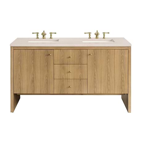 Hudson Oak Brown 60" Double Vanity with Cream Quartz Counter by JMV