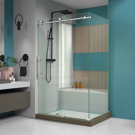 Enigma-X 48x36x76 Reversible Sliding Enclosure Shower Door with Clear Glass in Brushed Stainless Steel by DreamLine