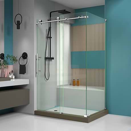 Enigma-X 48x34x76 Reversible Sliding Enclosure Shower Door with Clear Glass in Polished Stainless Steel by DreamLine