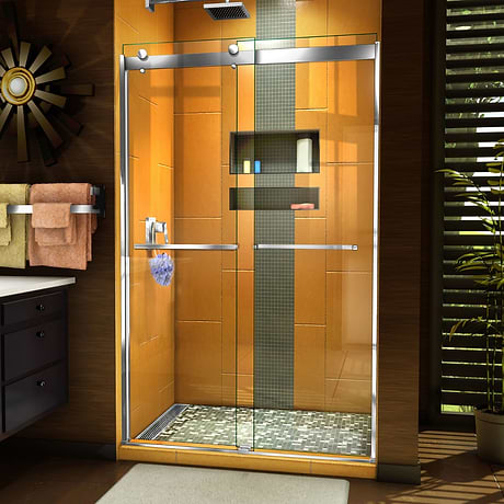 Sapphire 48x76 Reversible Sliding Shower Door with Clear Glass in Chrome by DreamLine