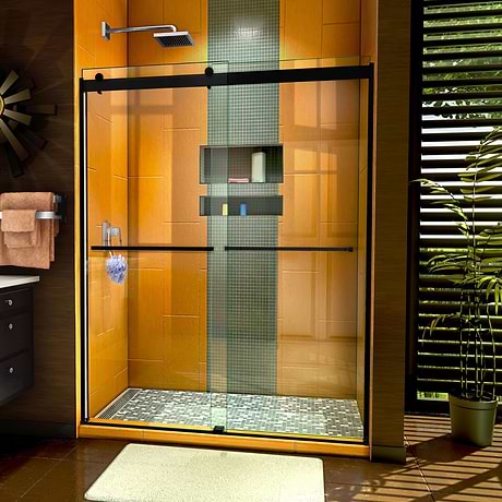 Sapphire 60x76 Reversible Sliding Shower Door with Clear Glass in Satin Black by DreamLine